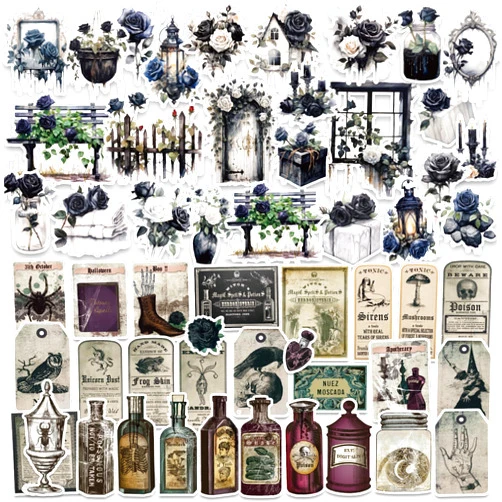 Bomichi 94 Pcs Dark Aesthetic Stickers for Journaling, Apothecary Potion Label Sticker Black Rose Vintage Antiquarian Stickers for Scrapbook Ephemera Junk Journal DIY Crafts
