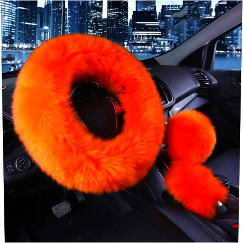 Younglingn Car Steering Wheel Cover Gear Shift Handbrake Fuzzy Cover 1 Set 3 Pcs Multi-Colored with Winter Warm Pure Wool Fashion for Girl Women Ladies Universal Fit Most Car（Orange）