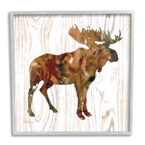 Stupell Industries Brown Watercolor Moose Silhouette Rustic Grain Pattern, Designed by Carol Robinson Gray Framed Wall Art, 12 x 12