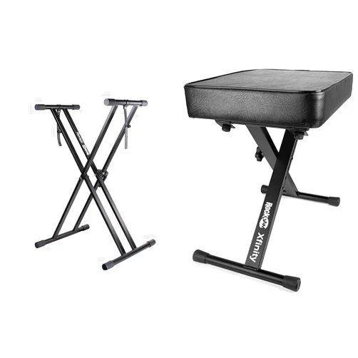 RockJam Xfinity Heavy-Duty, Double-X, Adjustable Piano Keyboard Stand with KB100 Padded Keyboard Bench