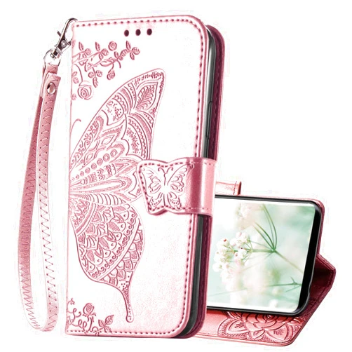 KRHGEIK for Samsung Galaxy S9 Phone Case Wallet,Butterfly Embossed PU Leather Flip Folio Cover Credit Card Holder Slots Stand with Wrist Strap Protective Case,5.8 Inch (Rose Gold)