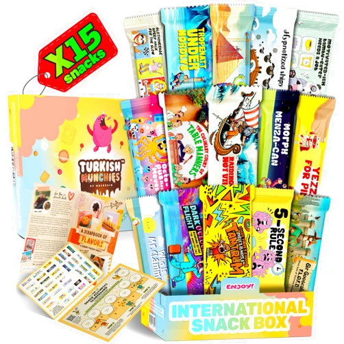 Turkish Munchies by Muekzoin International Snack Box, Unique Experience with Universal Exotic Candies and Treats from around the World, Gift-Ready Foreign Foods in Packages Inspired by European, Japanese and Korean Cultures