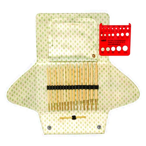 Addi Click Nature Bamboo Interchangeable Circular Needle Set with Exclusive Addi Red Needle Gauge with Laughing Hens Logo
