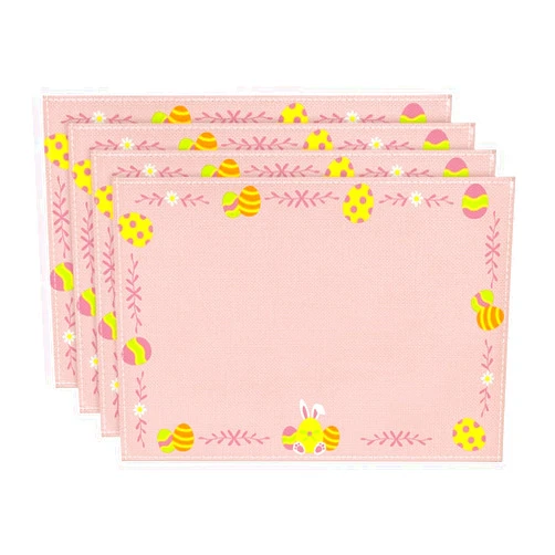 Artoid Mode Pink Bunny Rabbits Eggs Flower Happy Easter Placemats Set of 4, 12x18 Inch Seasonal Spring Table Mats for Party Kitchen Dining Decoration