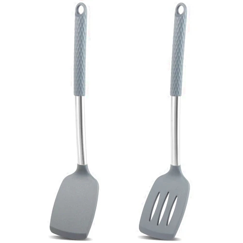Cooptop Pack of 2 Silicone Spatula Set,Heat Resistant Non Stick Silicone Solid & Slotted Turner for Fish,Eggs,Pancakes (Grey)