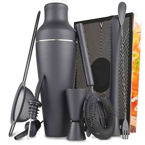 KAABETO Cocktail Set, Cocktail Making Set, Parisian Matte Black 9 Piece Stainless Steel Cocktail Shaker Set, Bar Tool (Black)