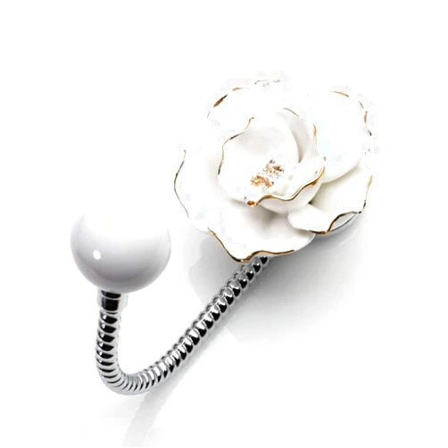MDPLY Beautiful 3D Flower Ceramic Wall Coat Hook, Chrome Decorative Robe Hook, Scarf, Bag, Towel, Hat etc for Kitchen Bathroom Office (Camellia White)