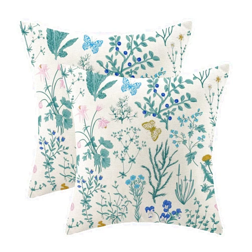 AEIOAE Spring Pillow Covers 18x18 Inch Set of 2,Blue Teal Wild Flower Plant Throw Pillows Case,Seasonal Floral Outdoor Decorative Square Linen Farmhouse Decor Cushion Covers for Home Sofa Bed Couch