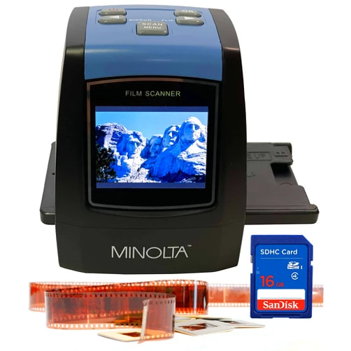 Konica Minolta MINOLTA Film & Slide Scanner, Convert Color & B&W 35mm, 126, 110 Negative & Slides, Super 8 Films to 22MP JPEG Digital Photos, 16GB SD Card, Worldwide (Black)