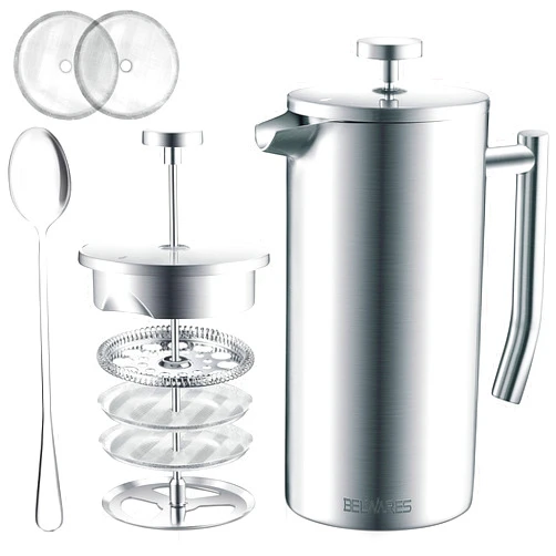 Belwares French Press Coffee Maker - 34 oz, Double Insulated Coffee Press Stainless Steel 304 Grade with 2 Extra Screens, Double Wall, Coffee Spoon, & 4 Level Filtration System (1 Liter) - Silver