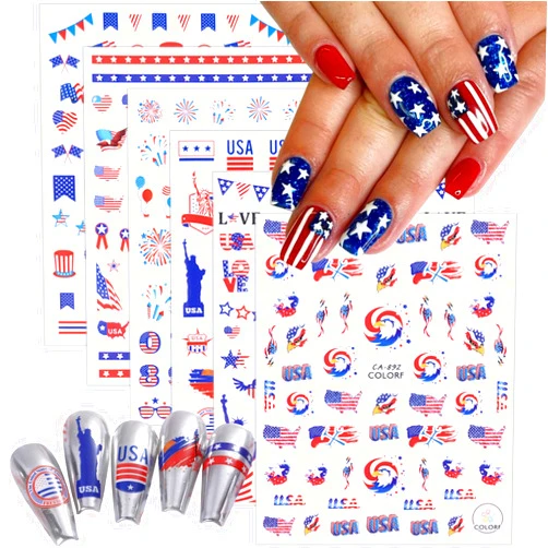 ZRZETREB 6Sheets Independence Day Nail Art Stickers 4th of July Nail American Flag Nail Stickers 3D Self-Adhesive USA Flags Heart Star Eagle Nail Decals for Memorial Day DIY Patriotic Nail Decoration