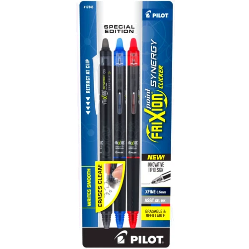 Pilot, FriXion Synergy Clicker Erasable, Refillable, Retractable Gel Ink Pens, Extra Fine Point 0.5 mm, Pack of 3, Black, Blue & Red