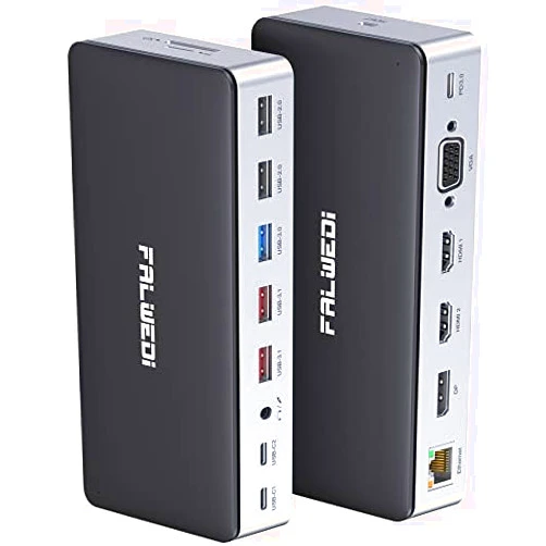 FALWEDI USB C Docking Station Dual Monitor, 16 in 1 Multiport Adapter Hub with Triple Display (2 HDMI, DP, VGA, 2 PD 100W & 18W, RJ45, USB C&A, SD/TF, Mic/Audio) Compatible for MacBook/Dell/HP/Lenovo