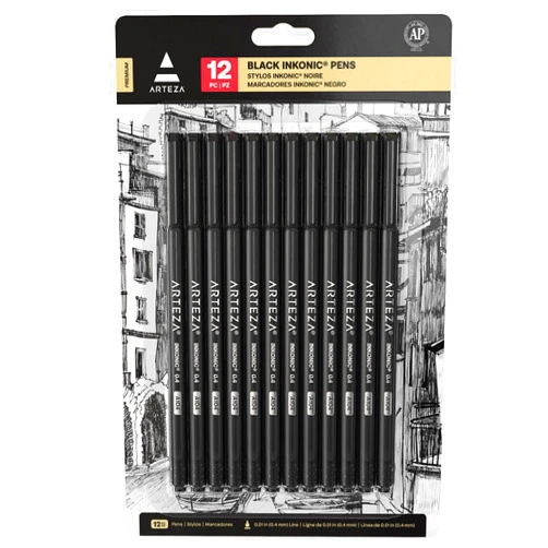 ARTEZA Black Inkonic Fineliners Pens, Set of 12, 0.4 mm Fine Tip Markers, Water-Based Art Pens for Drawing, Sketching, Journaling, Calligraphy
