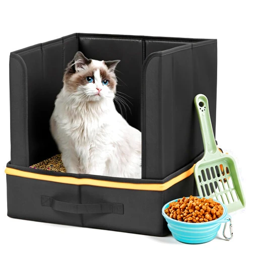 NOVOLAB Travel Litter Box for Cats with High Side, Portable Kitty Litter Travel Box with Collapsible Baffle Waterproof Scratch-Proof Kitty Litter Pan for Car, Road Trip, Hotel