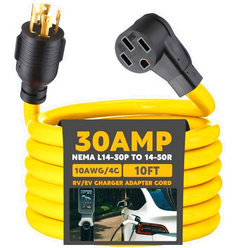 Tellegloww 10FT 4 Prong 30 Amp to 50 Amp Generator to RV/EV Adapter Cord Compatible with NEMA L14-30P to 14-50R, L14-30P Locking Male Plug to 14-50R Female for RV and EV Level 2 Charging, ETL Listed
