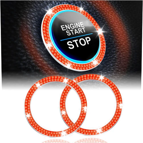 LivTee 2 PCS Crystal Double Rhinestone Car Engine Start Stop Decoration Ring, Push to Start Button Cover/Sticker, Bling Car Interior Accessories for Women, Key Ignition&Knob Bling Ring, Reddish Orange