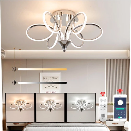 LANGLITIAODENG Chrome/Black LED Ceiling Light with Remote Control, Dimmable Lustre with 3 Color Temperature,6 Lights Chandelier for Dining Room (Chrome, Dia22 x H11)