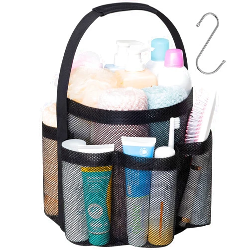 F-color Mesh Shower Caddy Portable, Large Capacity Shower Basket Tote for College Dorm Room Toiletry Gym Rv Essentials, Shower Bathroom Caddy Bag with S Hook, Black