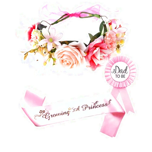 Ulfanit Girls Baby Shower Decoration - Adjustable Flower Crown Tiara and Growing A Princess Sash, Daddy Pin, Pink Party Gifts for Expectant Mom Dad Parents