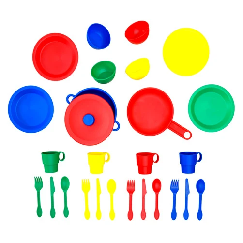 KidKraft 27-Piece Primary Colored Cookware Set, Plastic Dishes and Utensils for Play Kitchens, Gift for Ages 18 mo+