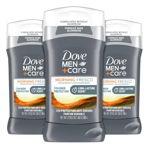 DOVE MEN + CARE Deodorant Stick For Men Morning Fresco Aluminum Free 72-Hour Odor Protection Mens Deodorant With Essential Oils & 1/4 Moisturizing Cream, 3 Ounce (Pack of 3)
