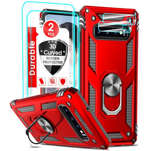LeYi for Samsung Galaxy S 10 Phone Case for Women [Not Fit S10 Plus], S10 Case with [2 PCS] Screen Protector and Camera Lens Protector, Heavy Duty Metal Case with Stand for S10 Samsung Phone, Red