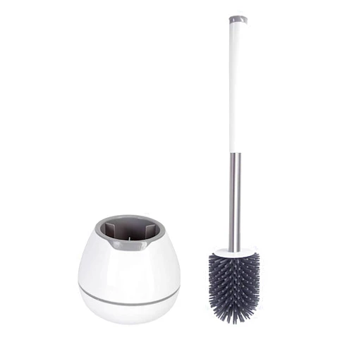BOOMJOY Toilet Brush and Holder Set, Silicone Toilet Bowl Cleaner Brush, Bathroom Cleaning Bowl Brush Kit with Tweezers, Bathroom Accessories with Aluminum Handle - White