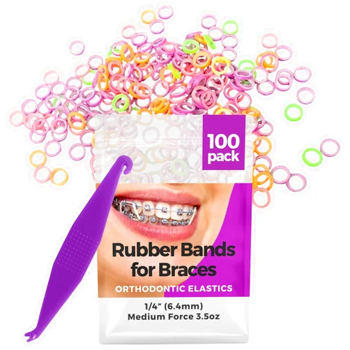 Prairie Horse Supply Orthodontic Rubber Bands for Braces - Premium Quality Elastic Teeth Rubber Bands for Braces, Fix Tooth Gaps, Dreadlocks, Includes Free Elastic Placer - Medium Force 3.5 oz, 1/4 Inch, Neon (100 Pack)