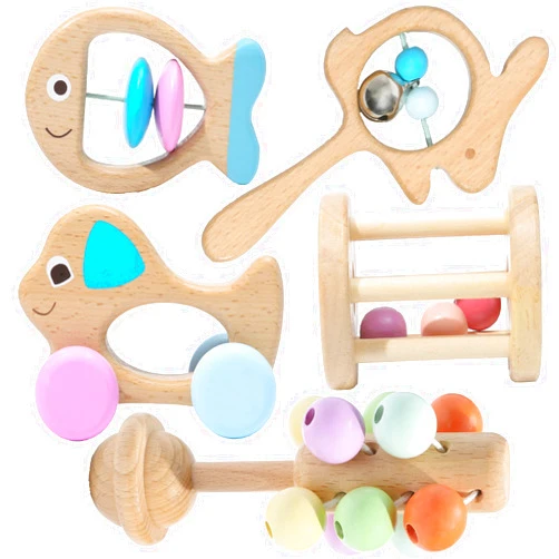 Montessori Mama Wooden Toys for Babies 5-Piece Collection - Multi-Sensory Learning Rattle for Babies - Infant Wooden Toy Set Baby Weights Toys - Teether