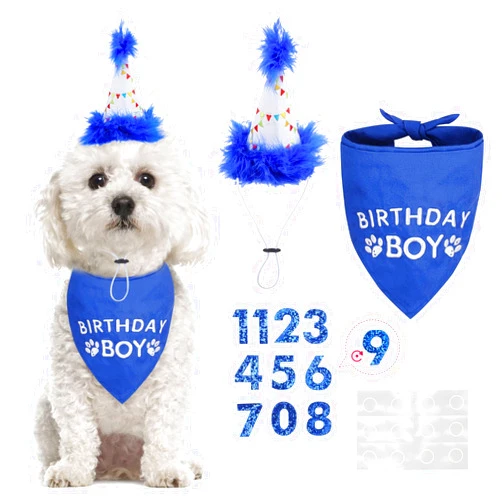 BINGPET Dog Birthday Hat Bandana Set - Soft Birthday Boy Triangle Scarf and Number Hat, Cute Birthday Party Supplies with 0-8 Figures Blue