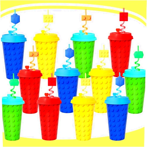 FZR Legend 24 Sets Building Blocks Party Favors Cups with Straws Bulk, 16 OZ Bricks Cups with Lids for Building Block Birthday Party Decorations Supplies