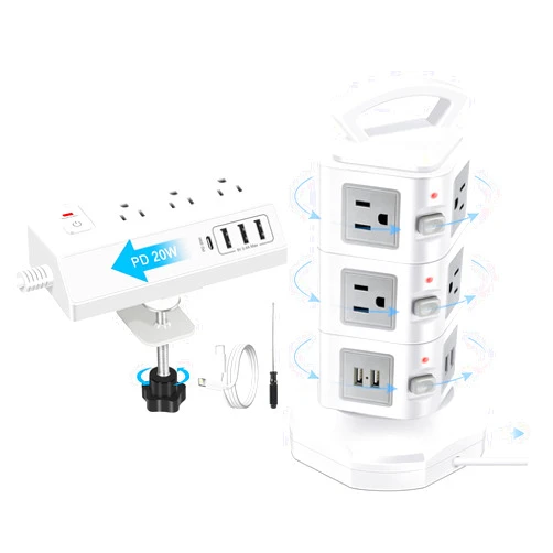 GLCONN Power Strip Surge Protector (1 Power Strip Tower + 1 Desk Clamp Power Strip)