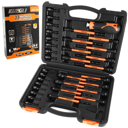 LOZAGU 33PCS Magnetic Nut Driver Set with Handle | 6 Inch Long Nut Driver Set | SAE and Metric | 1/4 Inch Hex Shank | Cr-V Steel