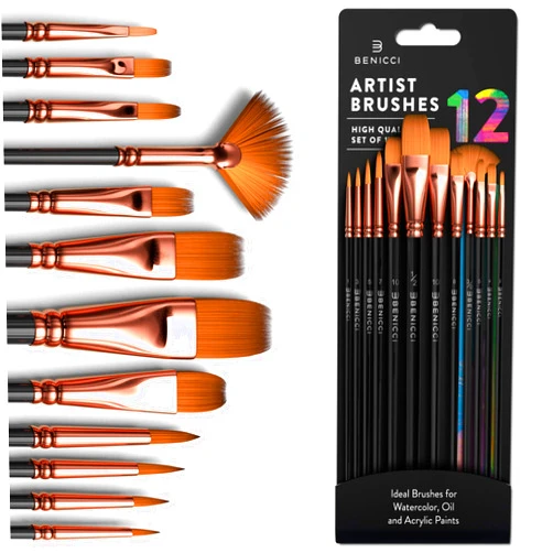 Benicci Professional Artist Paint Brush Set of 12 - Painting Brushes Kit for Kids, Adults Fabulous for Canvas, Watercolor & Fabric - for Beginners and Professionals - Great for Water, Oil or Acrylic Painting