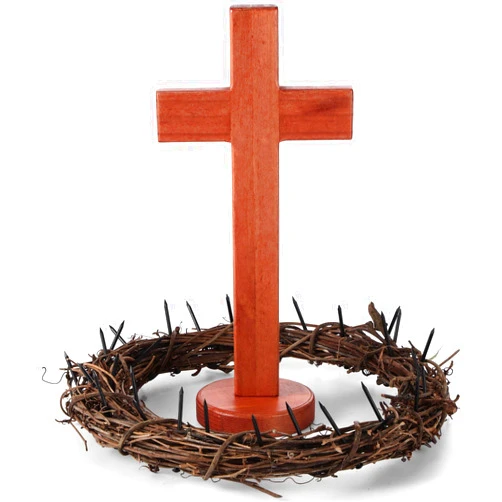 Bucherry Easter Jesus Cross and Thorn Crown Table Standing Decor, Include 10'' Wooden Cross Stand and 10'' Rattan Jesus Crown of Thorns for Easter Religious Gifts Table Fireplace Centerpieces