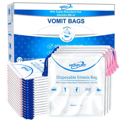 Hionfurt Absorbent Vomit Bags Disposable,12Pcs Emesis Bags-Turns Vomit into Gel,Leak Resistant Barf Bags,900ml Portable Nausea Bags for Travel Motion Sickness,Pregnancy,Kids,Taxi,Car