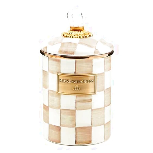 MACKENZIE-CHILDS Medium Enamel Canister, Kitchen Storage Container with Lid, Brown-and-White Mocha Check