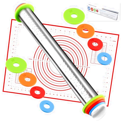 AMUZHI Rolling Pin nonstick and Silicone Baking Pastry Mat combo kit, Adjustable Rolling Pin With Thickness Rings, Rolling Pin for Baking Fondant, Pizza, Pie, Pastry, Pasta, Dough, Cookies (red)