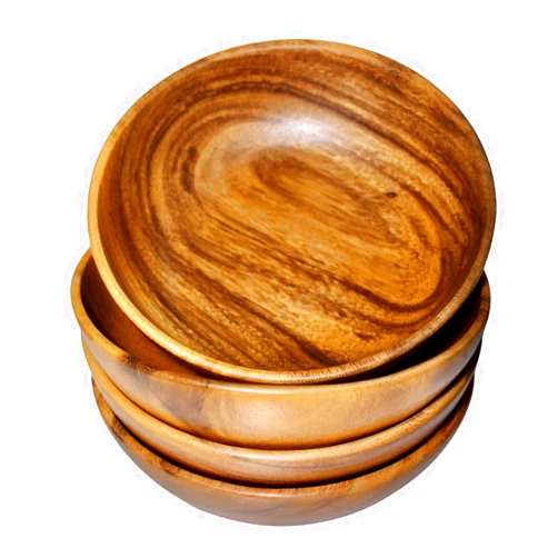 WRIGHTMART Acacia Wood Bowl Set of 4, 7” Round x 2” Tall, Perfect for Individual Portions, Salads, Snacks, and Desserts, Handmade, Rustic, Durable, Natural Bowls for Kitchen or Dining Table