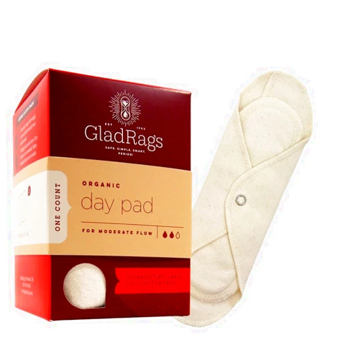 GladRags Natural Organic Undyed Cotton Reusable Day Pad (1-Pack) - 100% GOTS Certified Organic Menstrual Pad, Washable Pantyliner, Regular & Heavy Flow Period Pads, Washing Machine Safe