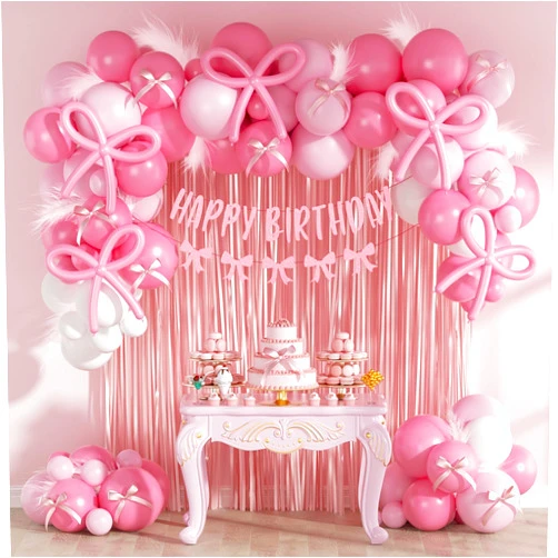 Saratimtou Pink Bow Birthday Decorations for Adults and Women with White Light Pink Long Balloons Happy Birthday Banner Pink Fringe Curtains for Bow Themed Coquette Birthday Decorations