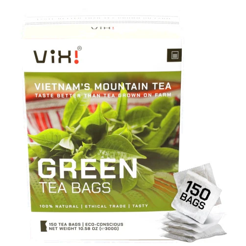 VIXI Green Tea Bags, 150 Counts, Vietnam's Mountain Tea, Antioxidant, Caffeinated, Tagless, Balanced Taste, 100% Natural from Ancient Tea Tree, Perfect for Hot and Cold Brew