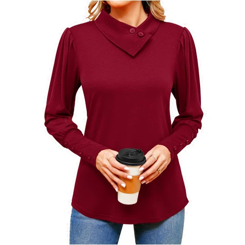 LOMON Women’s 2024 Fashion Puff Long Sleeve Shirts Button Cowl Neck Tops Tunics Wear with Leggings