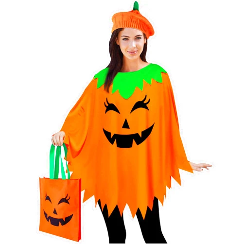 CONGRU 3 PCS Pumpkin Costume for Women Adults,Pumpkin Poncho With Pumpkin Knit Beret and Candy Bag,Halloween Costume Women