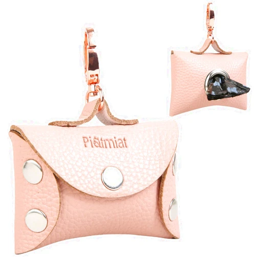 PiatMiat Leather Dog Poop Bag Dispenser for Leash, Dog Waste Bag Holder Leash Attachment with Swivel Snap Hook, Fits any Dog Leash, 1 Roll Doggy Poop Bag, Canvas Storage Bag- Vintage Brown(Pink)