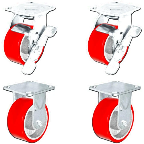CasterHQ Set of 4 Heavy Duty Casters - 4 in x 2 in Heavy Duty Caster Set with Red Polyurethane on Steel Wheels, 800 pounds Capacity per Caster, 4 inch Size (Set of 4) Toolbox casters