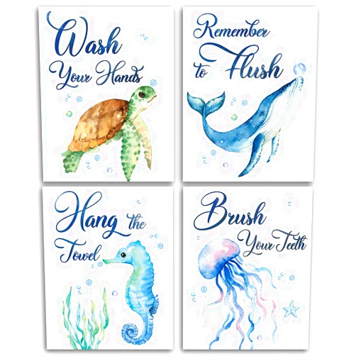 CHIEN-CHI LILI Sea Marine Life Bathroom Watercolor Art Print Set of 4 (8”X10”), Sea Turtle Seahorse Fish Whale Jellyfish Wall Poster Blue Ocean Theme Baby Nursery Kids Bathroom Wall Decor, No Frame