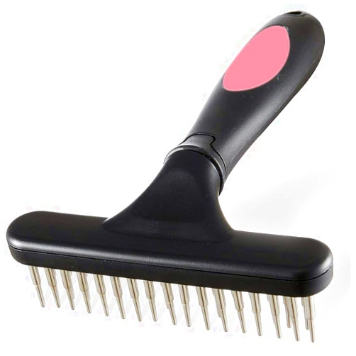 Ordermore Pet Grooming Rake - Double Row Pins Shedding and Dematting Undercoat Rake Comb for Dogs and Cats - Safe Grooming & Deshedding Brush - Comb Out Mats & Tangles Easily