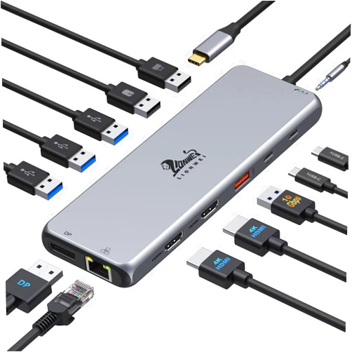 LIONWEI 13 in 1 USB C Docking Station - Dual Monitor, Triple Display, 8 USB C/A Ports, Ethernet, Audio - For MacBook, Dell, HP, Lenovo, Surface